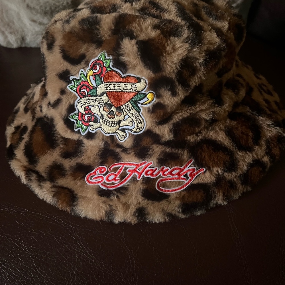 Ed Hardy Leopard Print Hat with Skull and Roses